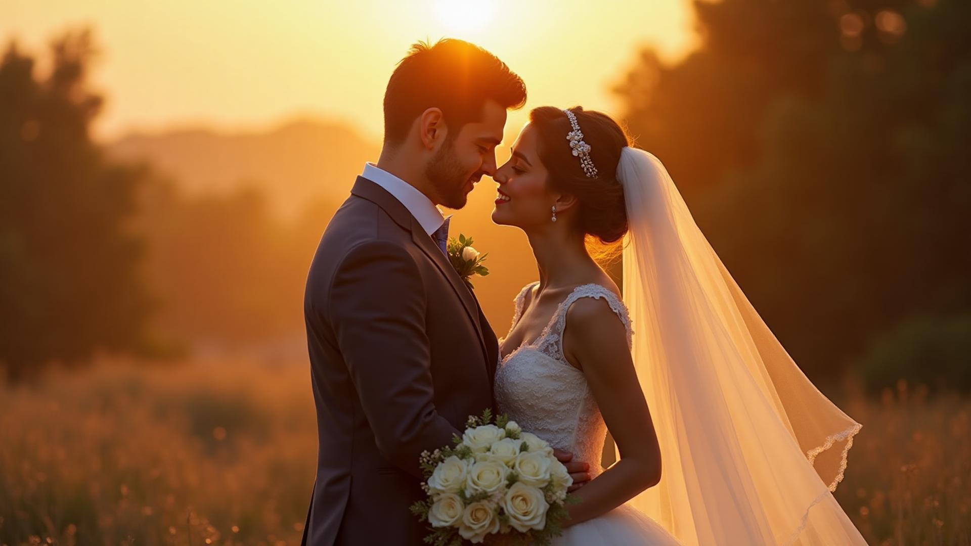 Beautiful wedding couple during golden hour